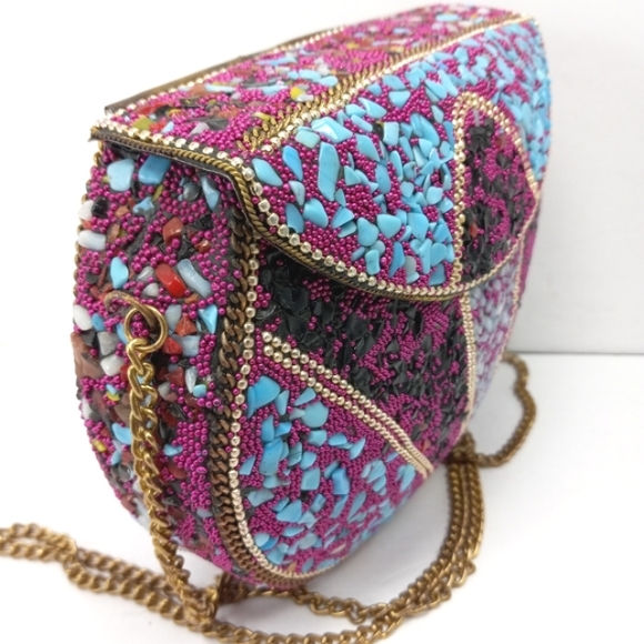 VINTAGE Handmade INDIAN Stones & Beads Mosaic Over Metal Top Flap Crossbody EUC - Picture 12 of 15